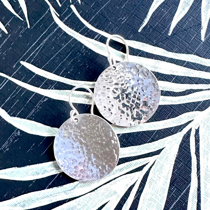 Steel Pan Silver Hammered Disc Earrings - Nickel Free Hypoallergenic