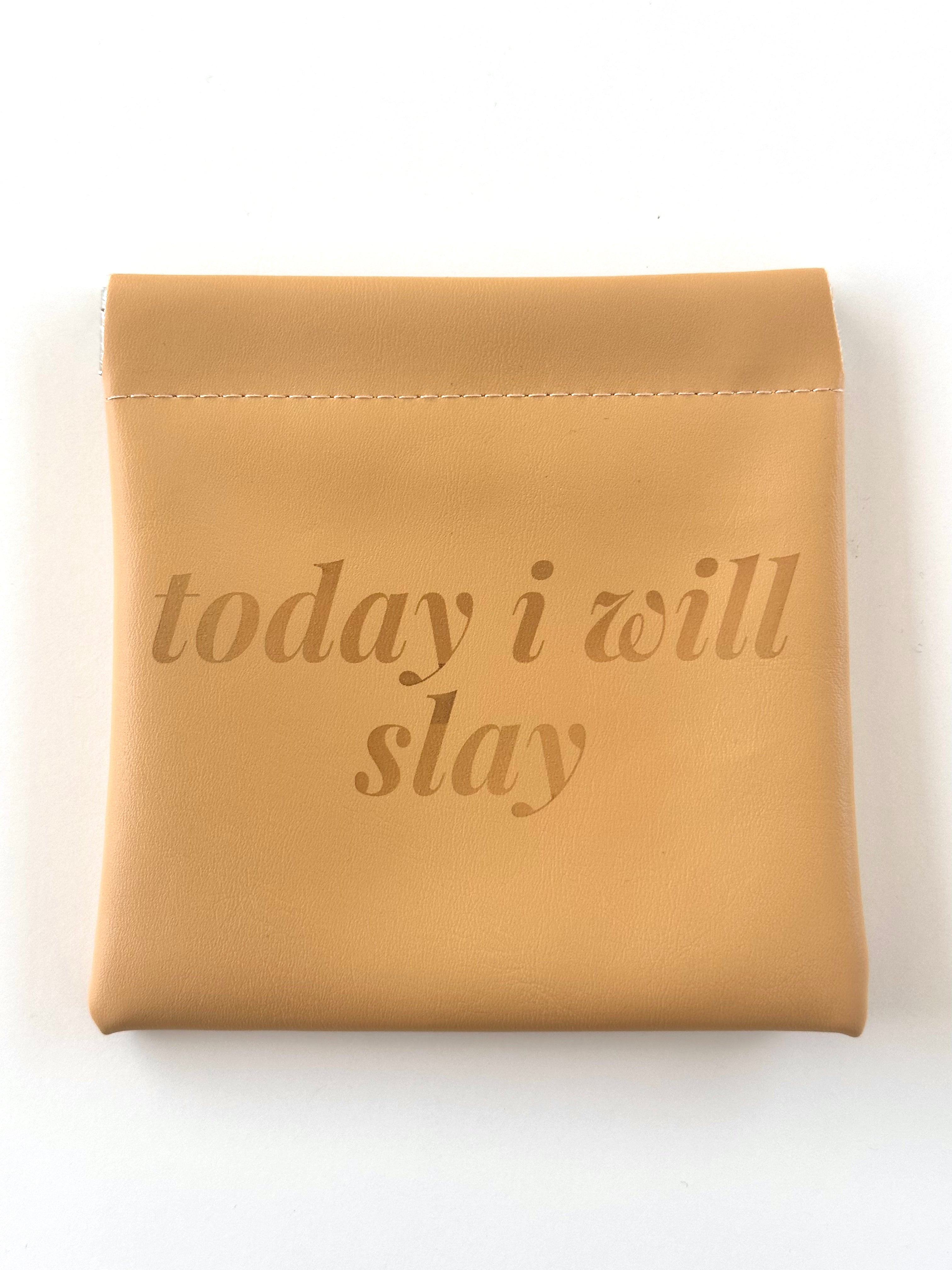 Tan Leatherette Jewelry Pouch with Motivational Quote - Today I Will Slay