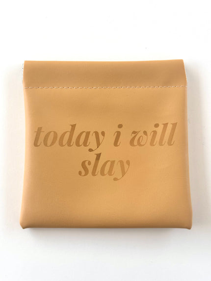 Tan Leatherette Jewelry Pouch with Motivational Quote - Today I Will Slay