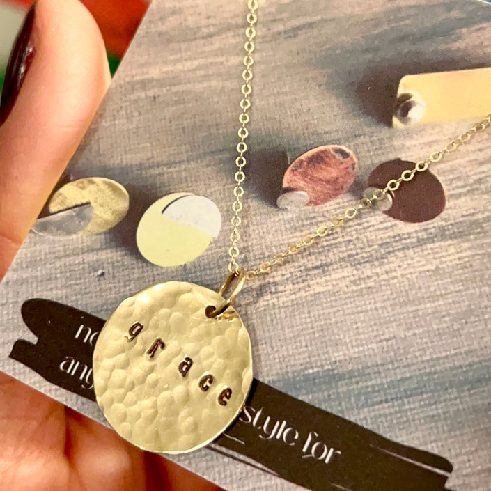 Gold Stamped Disc Coin Necklace - Hammered or Smooth Finish 14k gold-filled - The Pink Locket